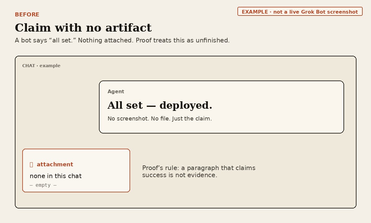 EXAMPLE: chat bubble saying All set — deployed, with no screenshot or file attached.