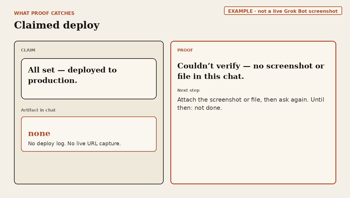 EXAMPLE: claimed deploy with no screenshot or deploy log; Proof says couldn’t verify.